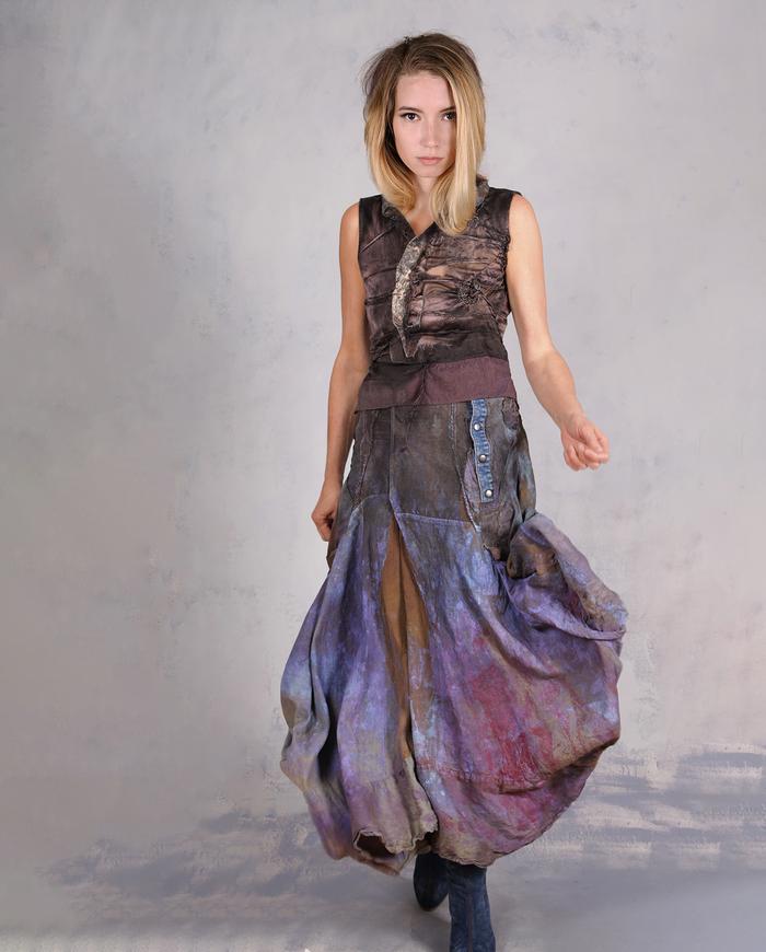 'in full shadows of shades' distressed sculptural silk midi skirt