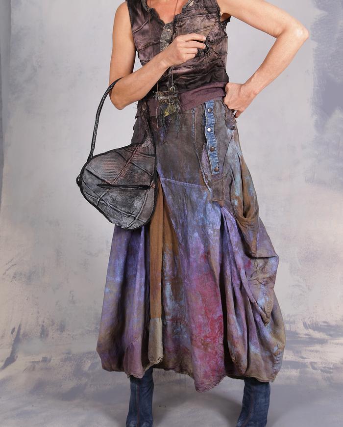 'in full shadows of shades' distressed sculptural silk midi skirt