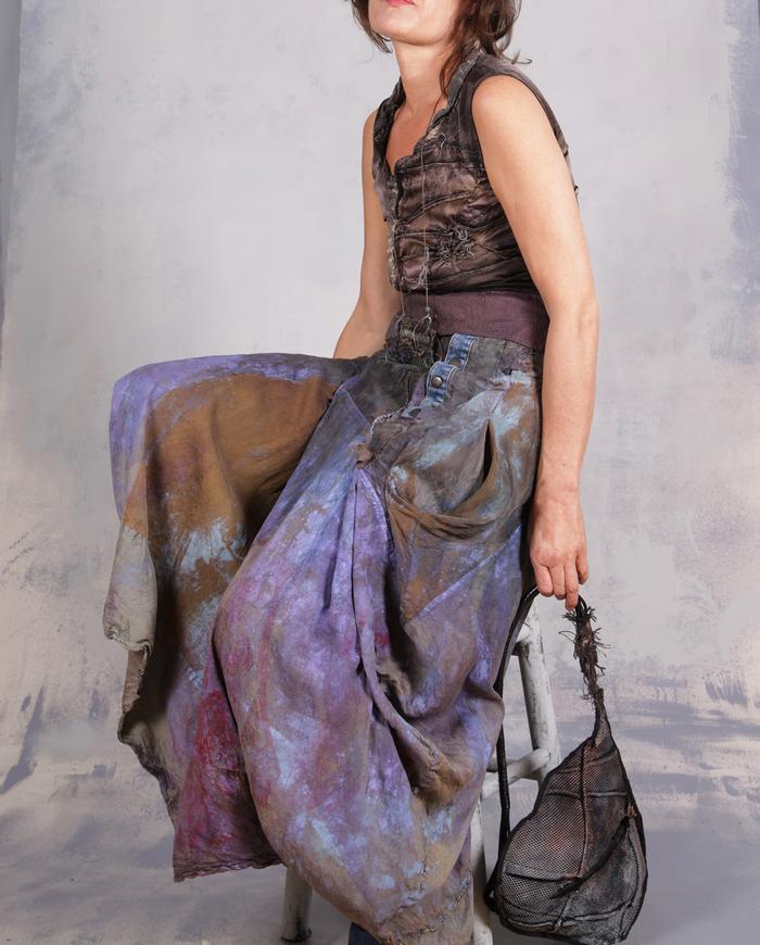 'in full shadows of shades' distressed sculptural silk midi skirt