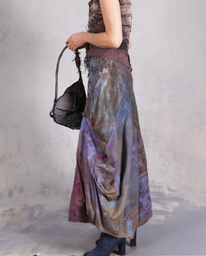 'in full shadows of shades' distressed sculptural silk midi skirt