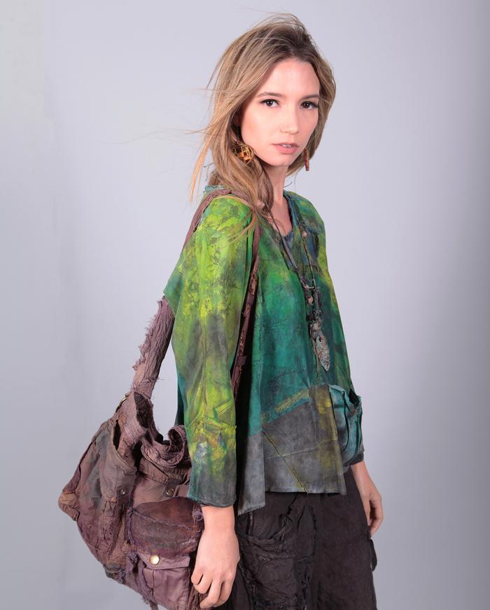 'lush meadows' loose-fitting bold greens hand-painted silk top