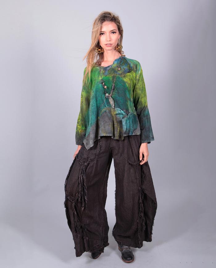 'lush meadows' loose-fitting bold greens hand-painted silk top