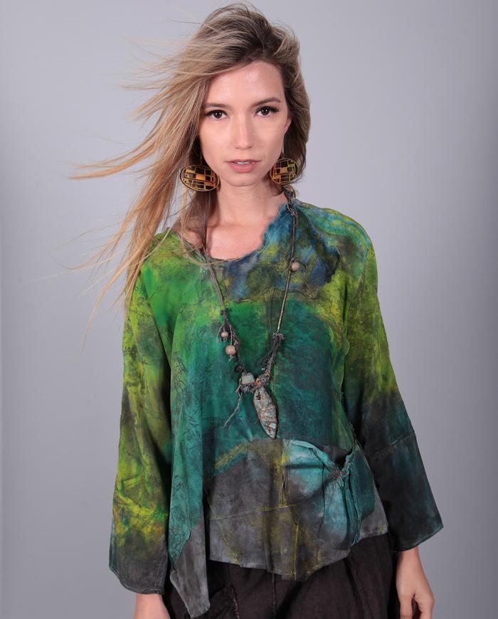'lush meadows' loose-fitting bold greens hand-painted silk top