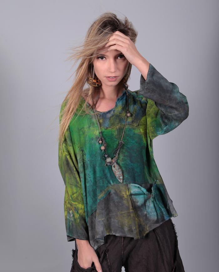 'lush meadows' loose-fitting bold greens hand-painted silk top