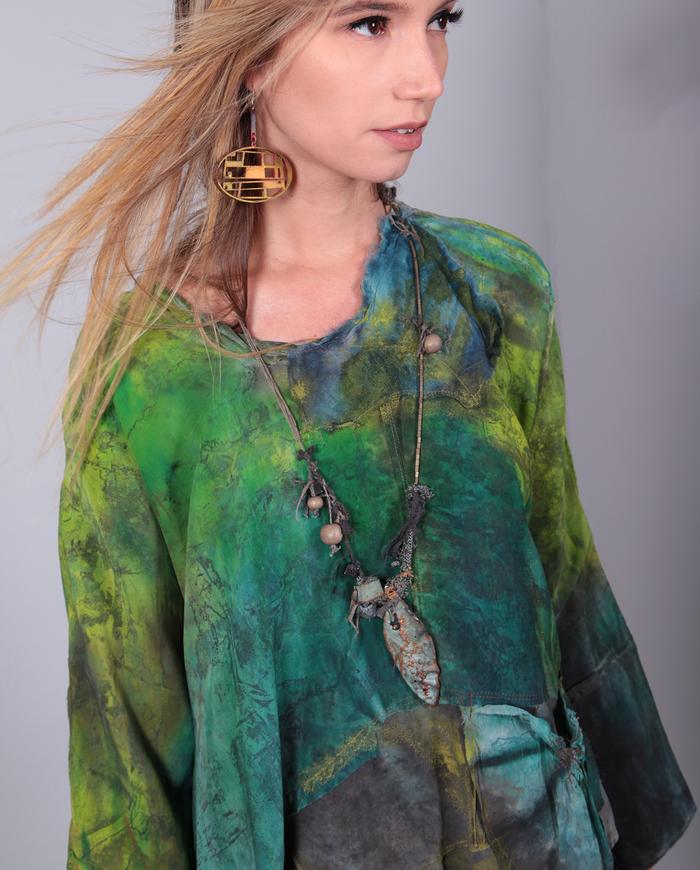 'lush meadows' loose-fitting bold greens hand-painted silk top