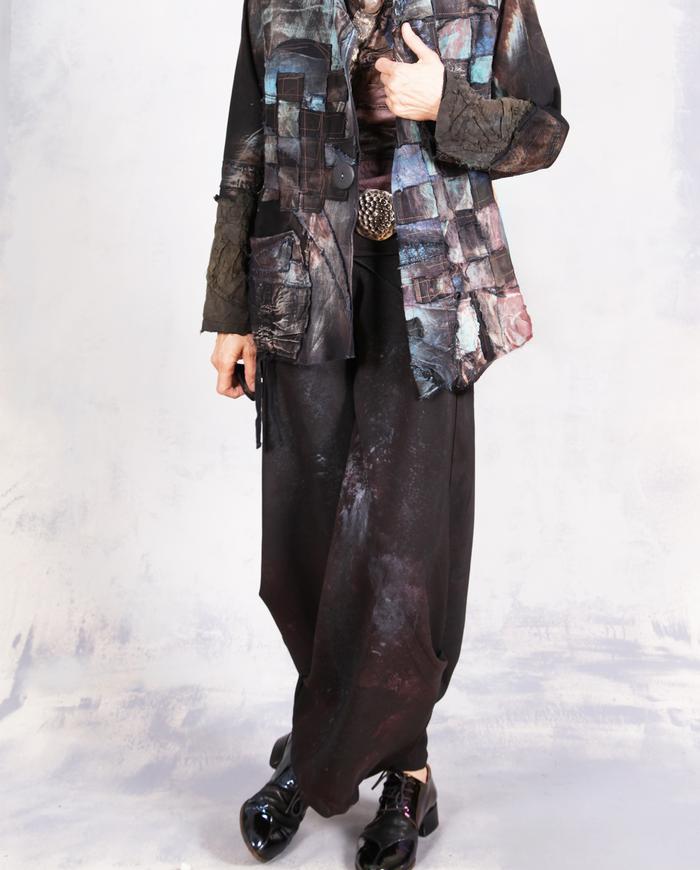 'stretch out the day' black painted barrel trousers