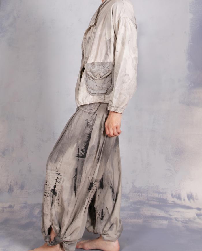 'ask and I may tell you' balloon-ish hand-painted cargo pants