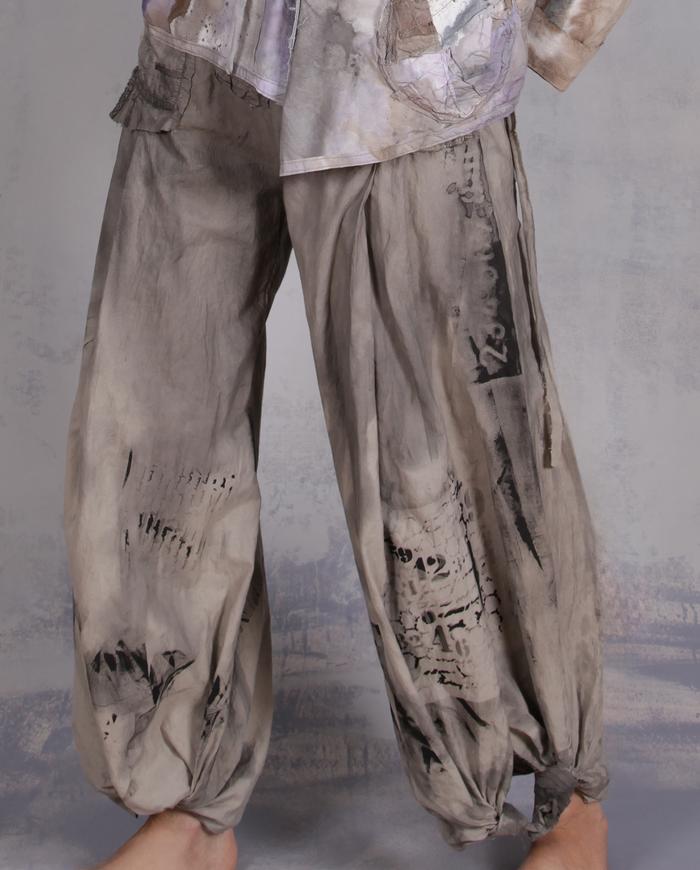 'ask and I may tell you' balloon-ish hand-painted cargo pants