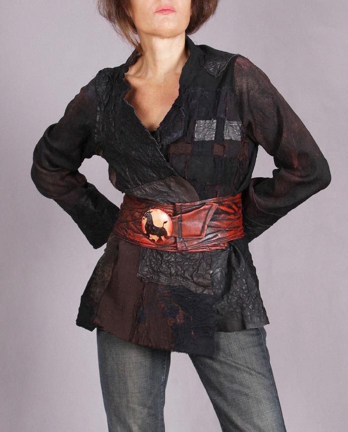 'before and after midnight' fiber and leather art jacket