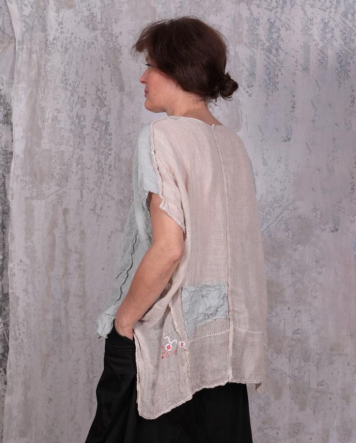 high-low linen and cotton gauze two-color summer top