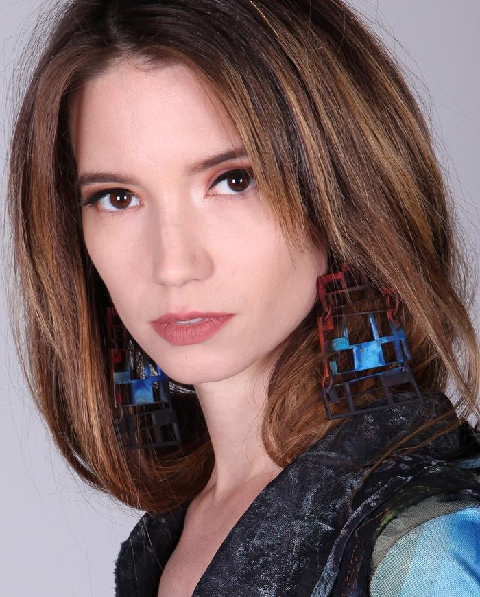 'stained glass' large geometric earrings in rust and blue