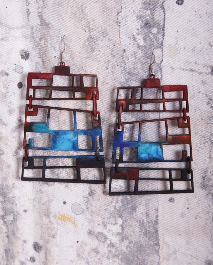 'stained glass' large geometric earrings in rust and blue