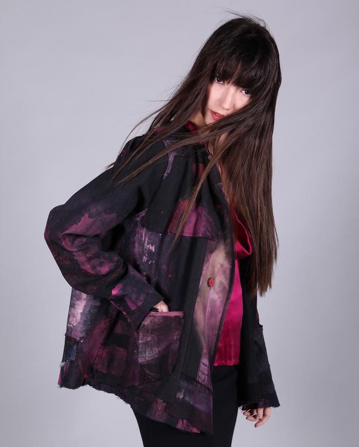 hand-painted distressed swing jacket in fuchsia over black