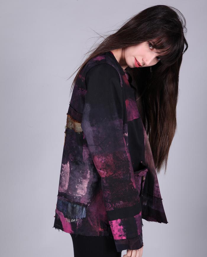 hand-painted distressed swing jacket in fuchsia over black