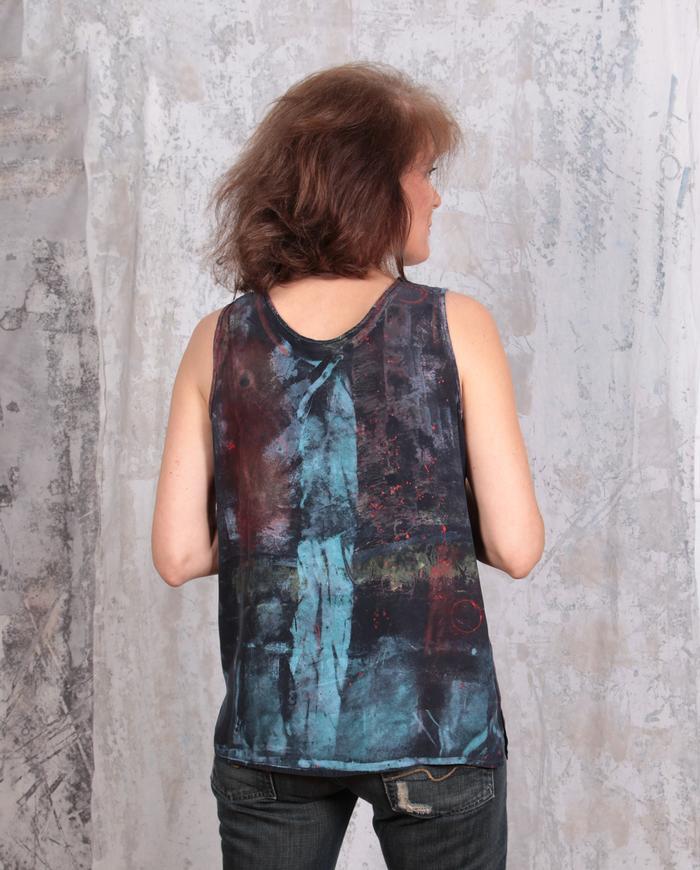 hand-painted bold colors over black silk crepe tank top