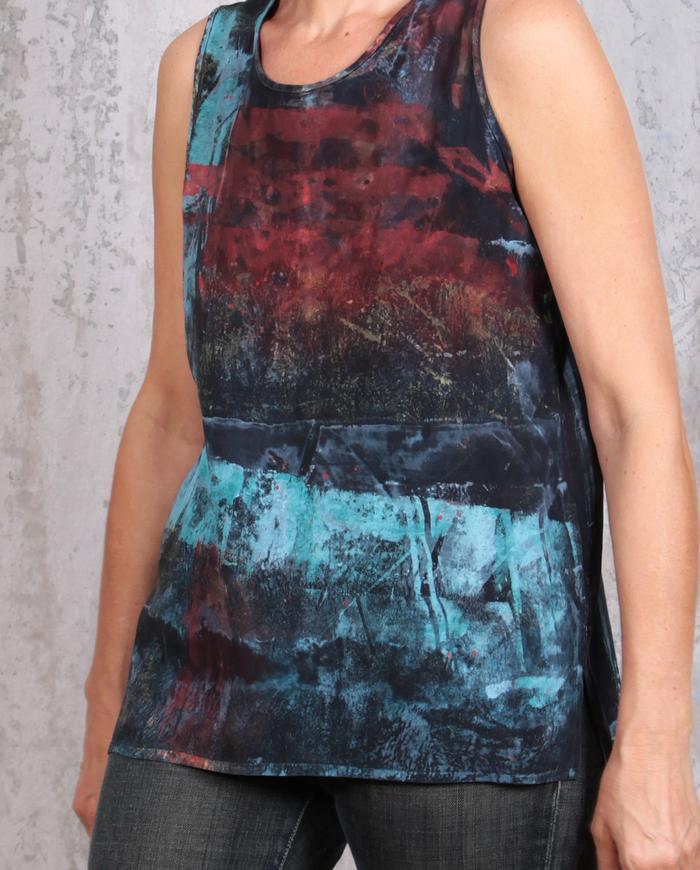 hand-painted bold colors over black silk crepe tank top
