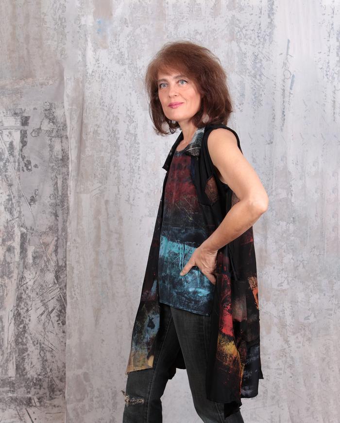 hand-painted bold colors over black silk crepe tank top