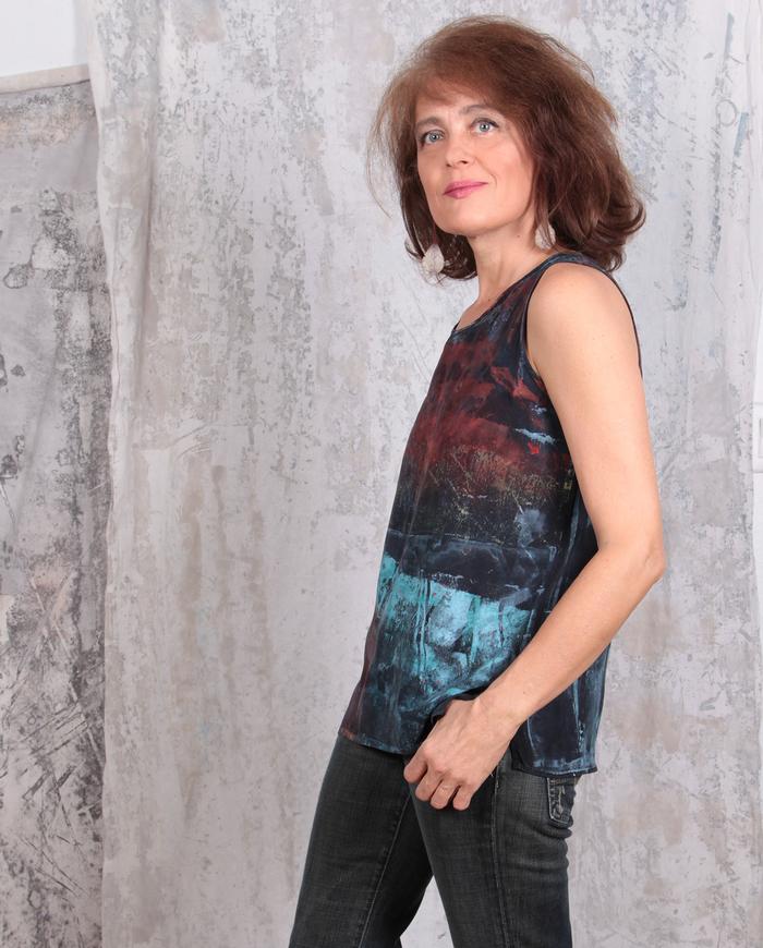 hand-painted bold colors over black silk crepe tank top