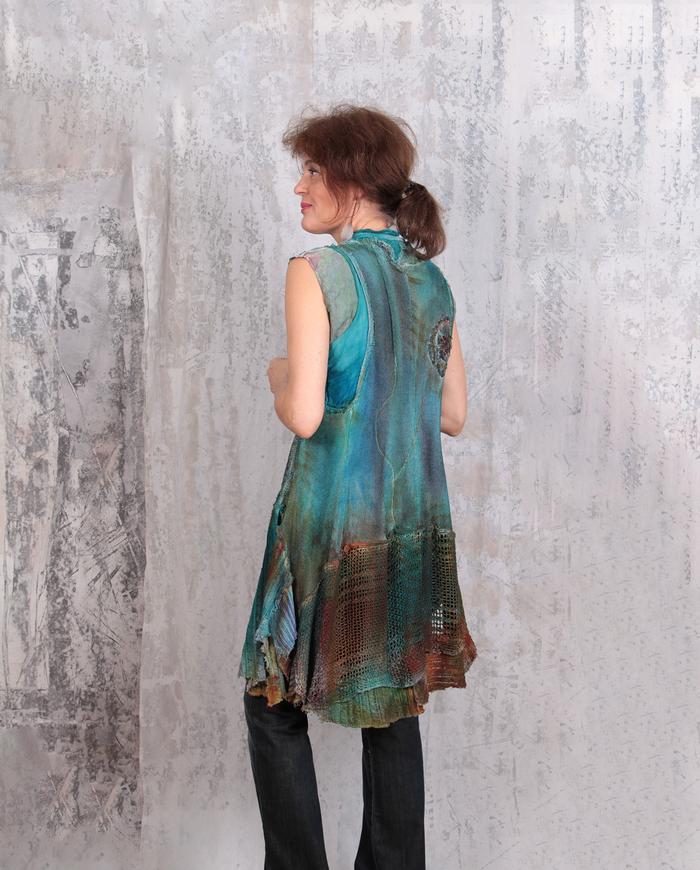 detailed knit hand-painted long vest in teal and fire