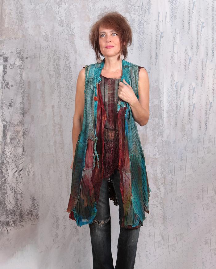 detailed knit hand-painted long vest in teal and fire