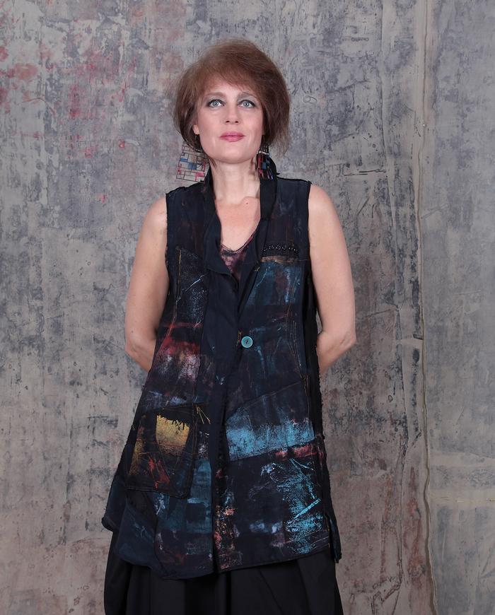 fluid silk crepe and cotton hand-painted vest