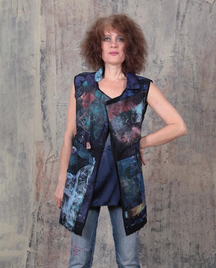 gemstone shades over black patchwork stretch vest
