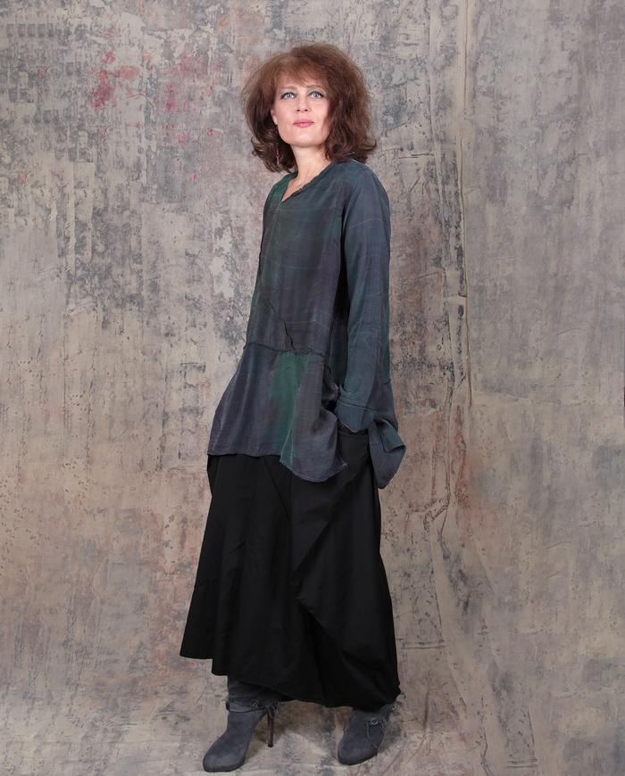 drapey brushed silk tunic in green and wine