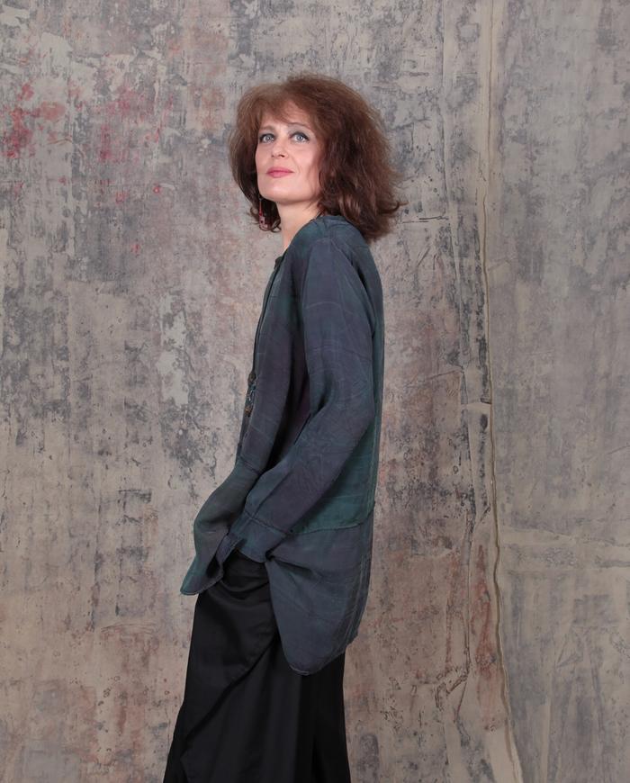 drapey brushed silk tunic in green and wine