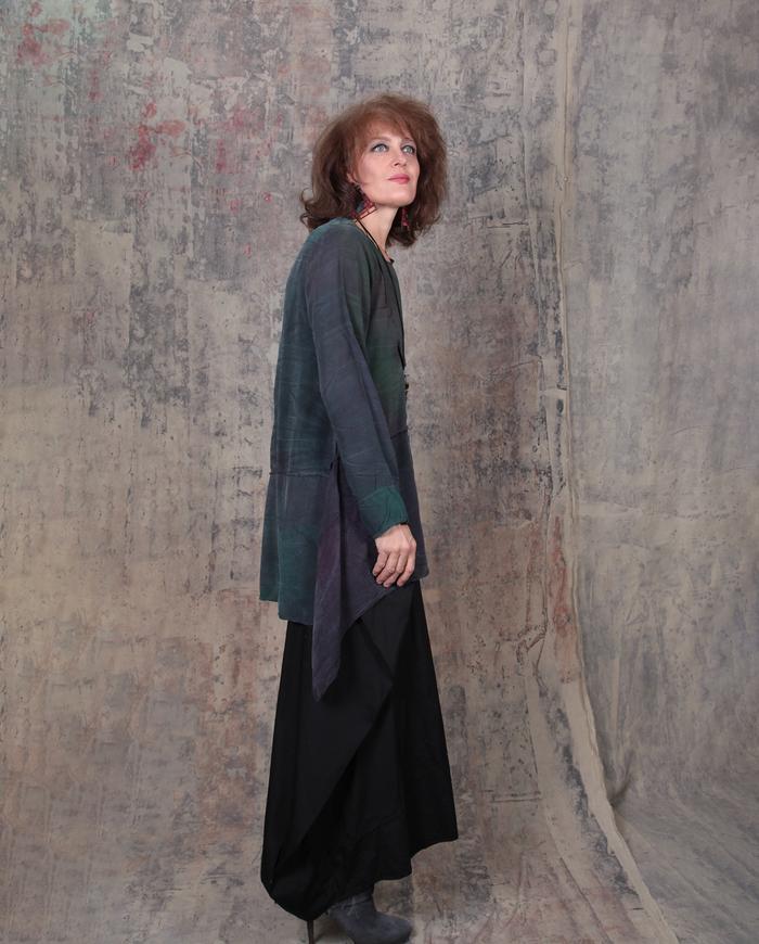 drapey brushed silk tunic in green and wine