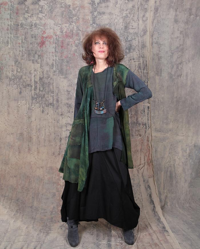 drapey brushed silk tunic in green and wine