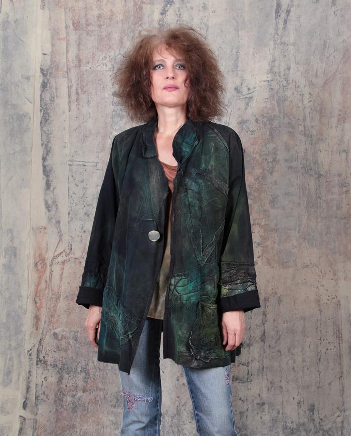 brushed cotton quilted accents deep green and black oversized jacket