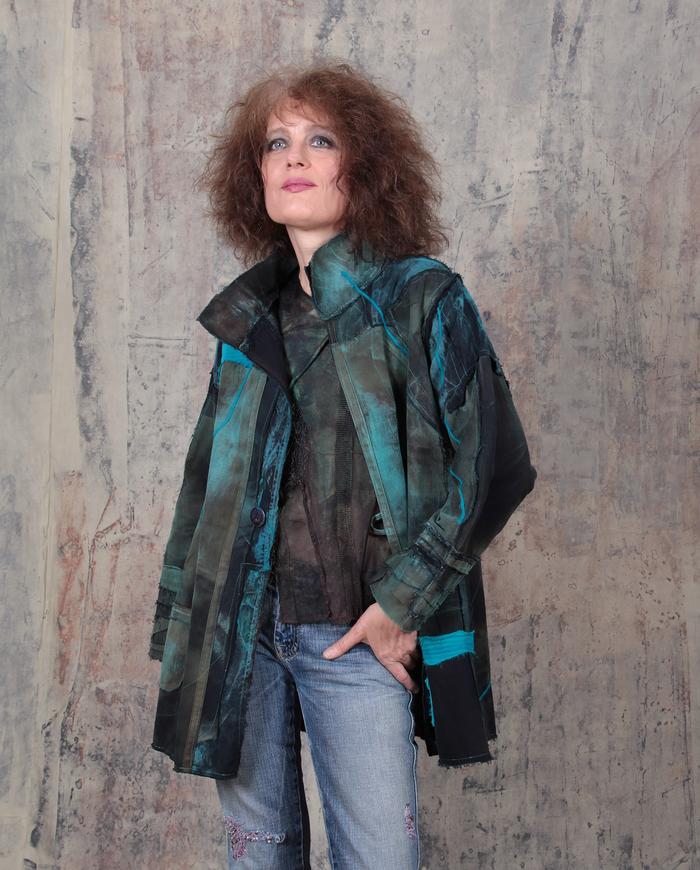 distressed soft cotton casual jacket with turquoise accents