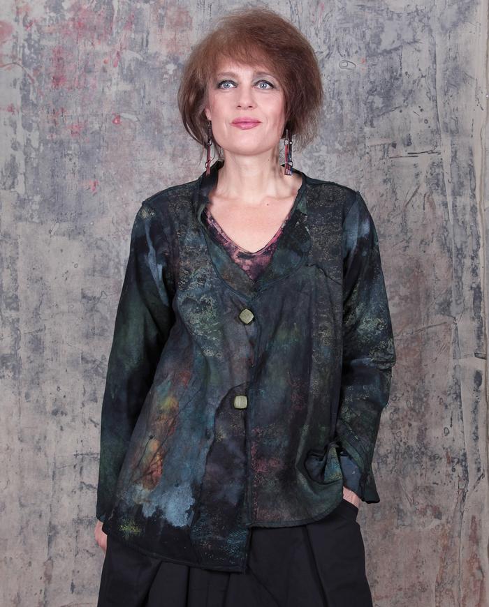 short hand-painted swing jacket in earth tones over black