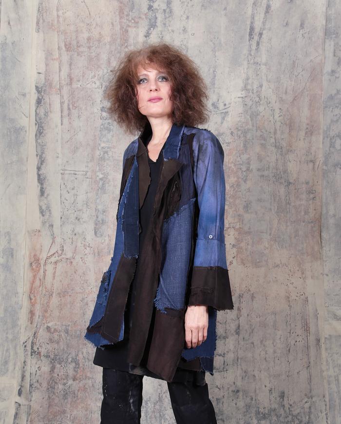 mixed fabrics patchwork indigo denim and brown jacket