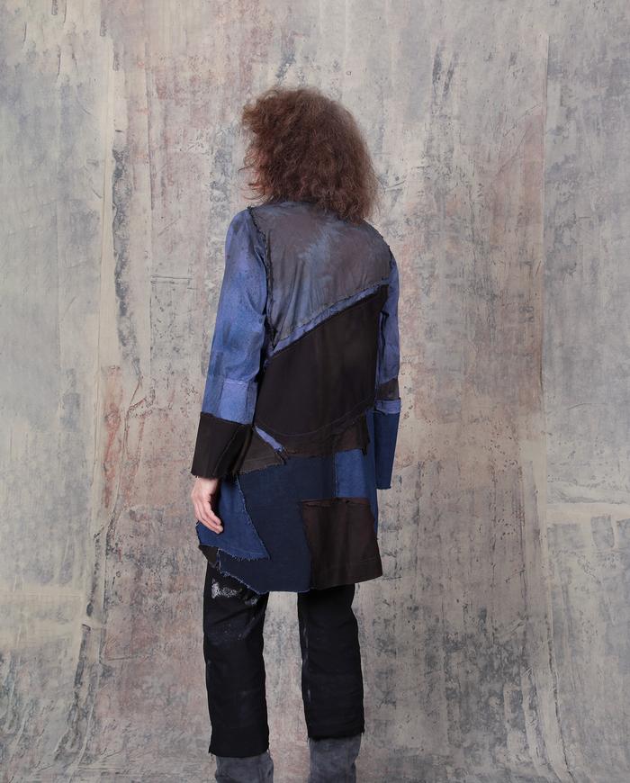 mixed fabrics patchwork indigo denim and brown jacket