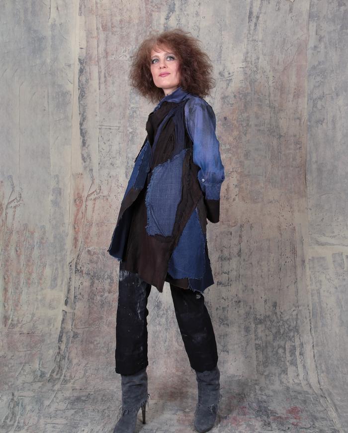 mixed fabrics patchwork indigo denim and brown jacket