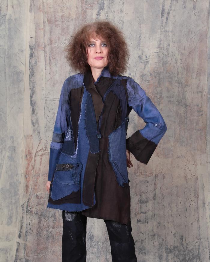 mixed fabrics patchwork indigo denim and brown jacket