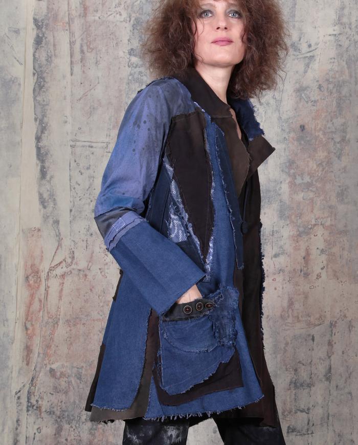 mixed fabrics patchwork indigo denim and brown jacket