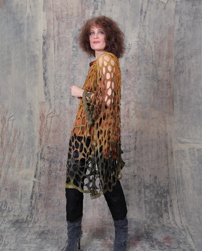 openwork knit silk oversized hand-painted poncho