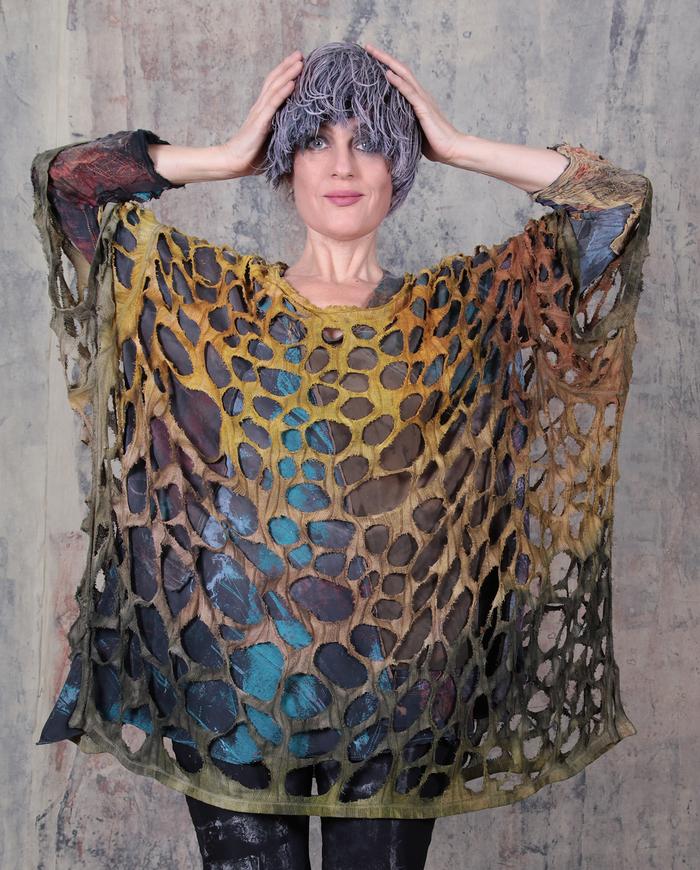 openwork knit silk oversized hand-painted poncho
