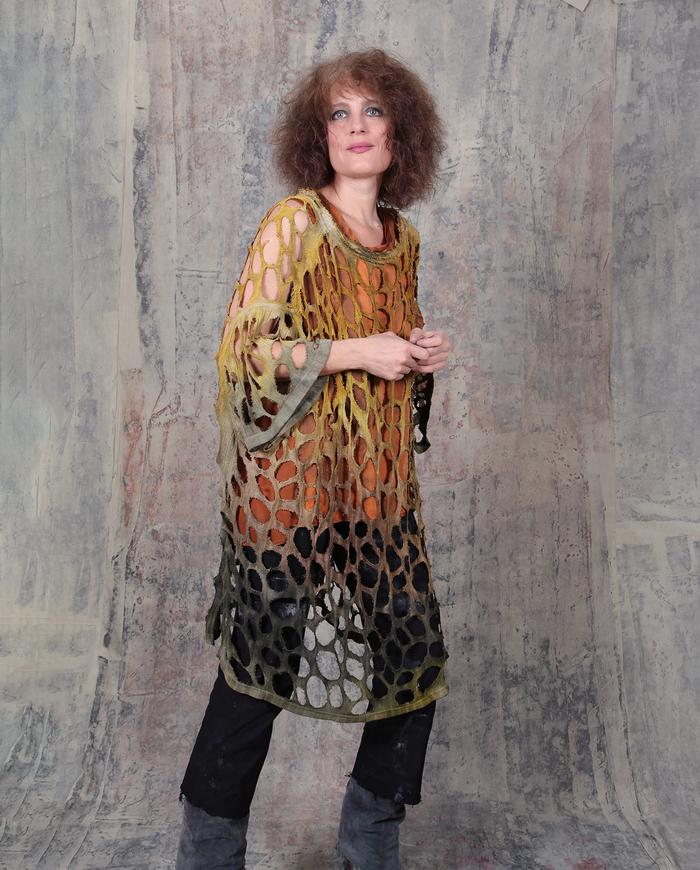 openwork knit silk oversized hand-painted poncho