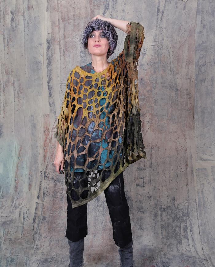 openwork knit silk oversized hand-painted poncho