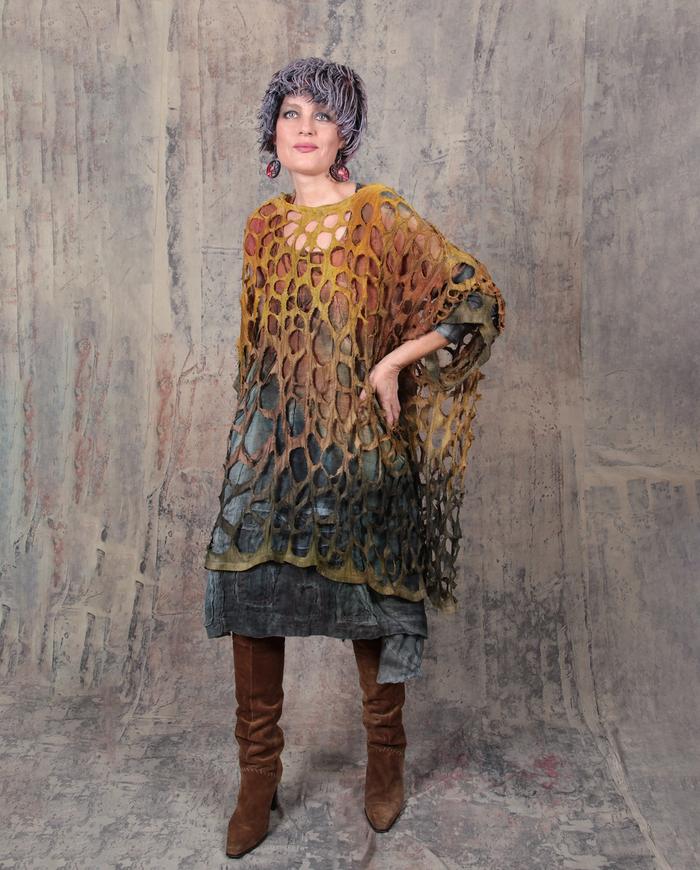 openwork knit silk oversized hand-painted poncho