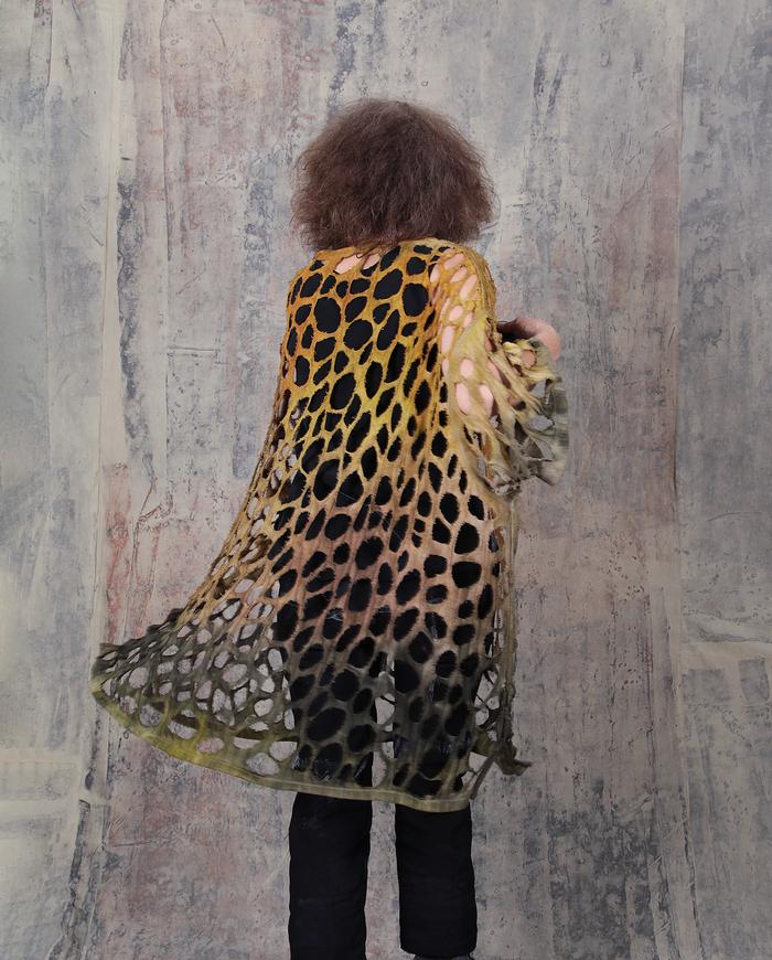 openwork knit silk oversized hand-painted poncho