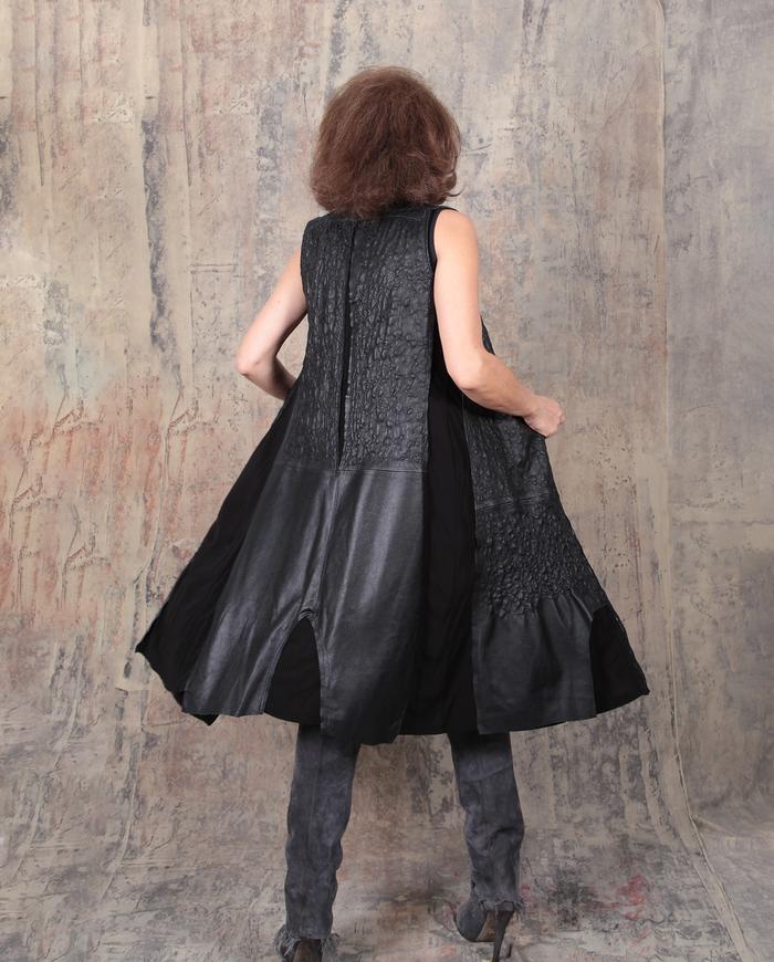 hand-textured embroidered lambskin leather black dress or vest