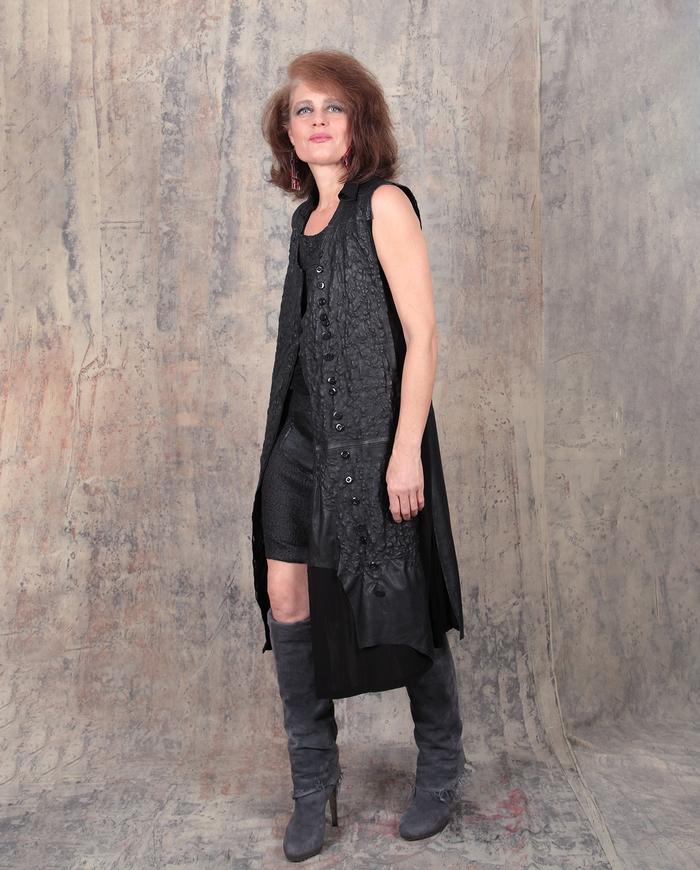 hand-textured embroidered lambskin leather black dress or vest