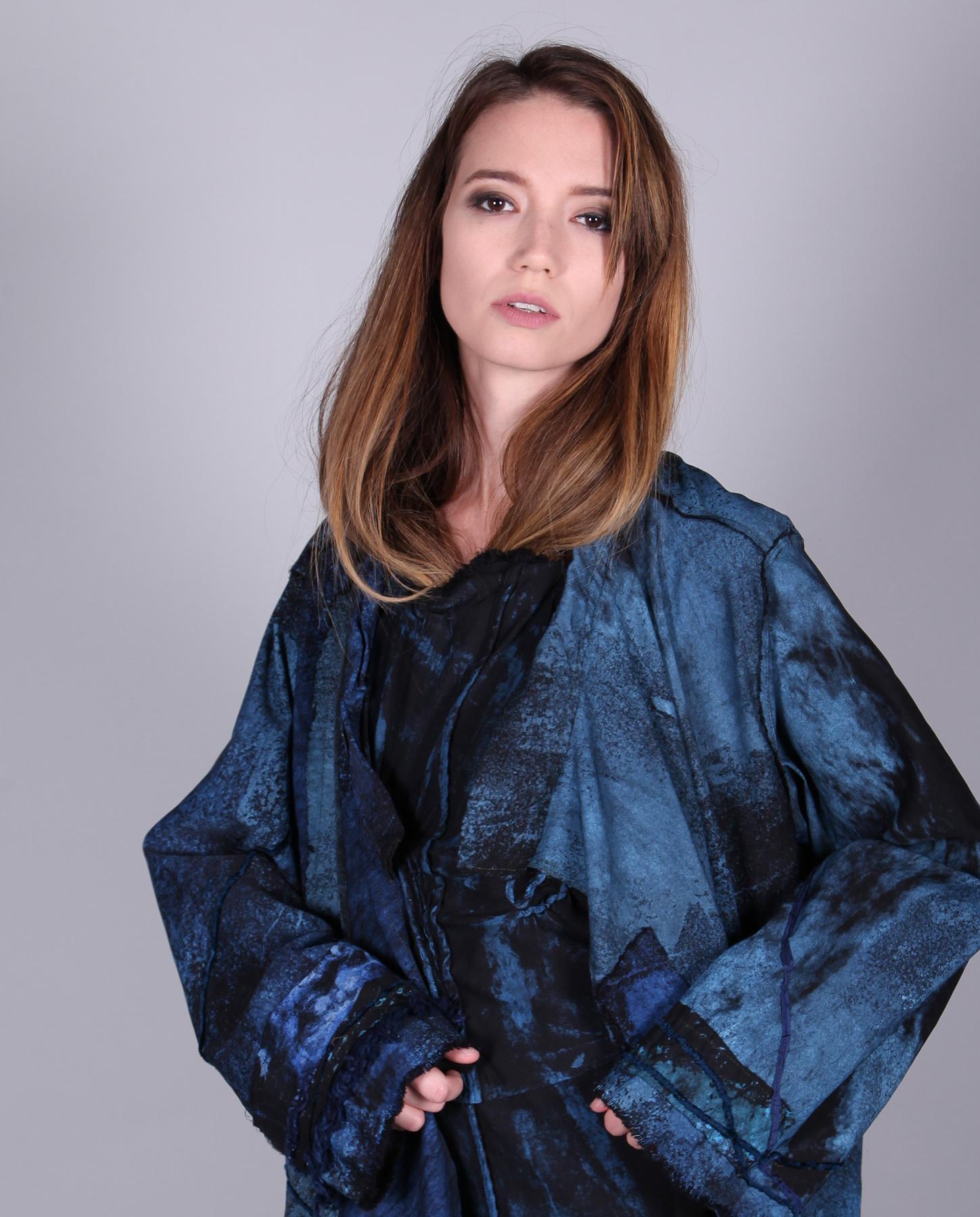 Art-to-Wear by Tatiana Palnitska - hand-painted black/blue roomy jacket