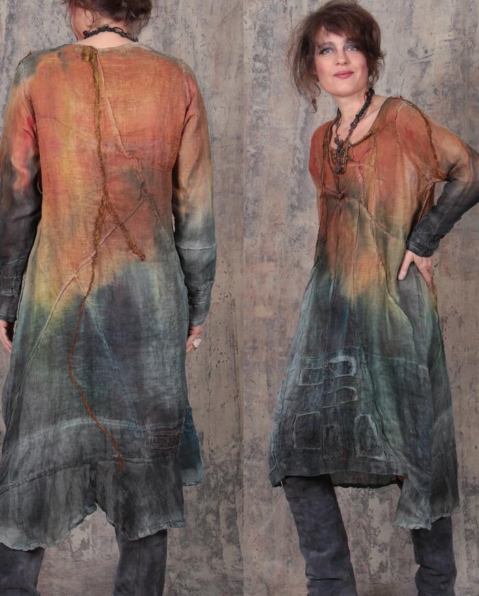 'rising sun' ombre detailed Belgian linen gauze dress/tunic