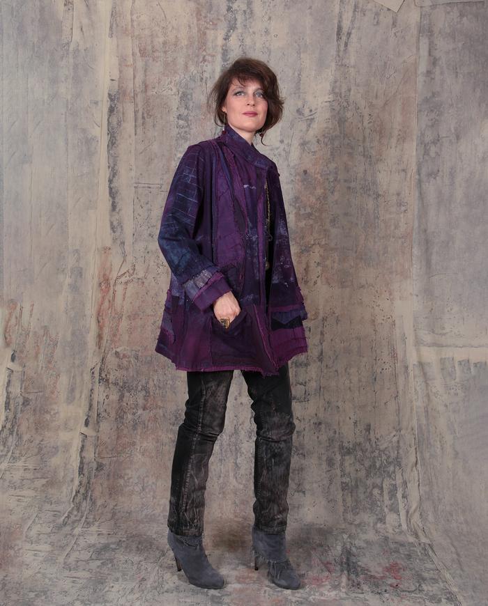 detailed hand-painted jacket in deep violet