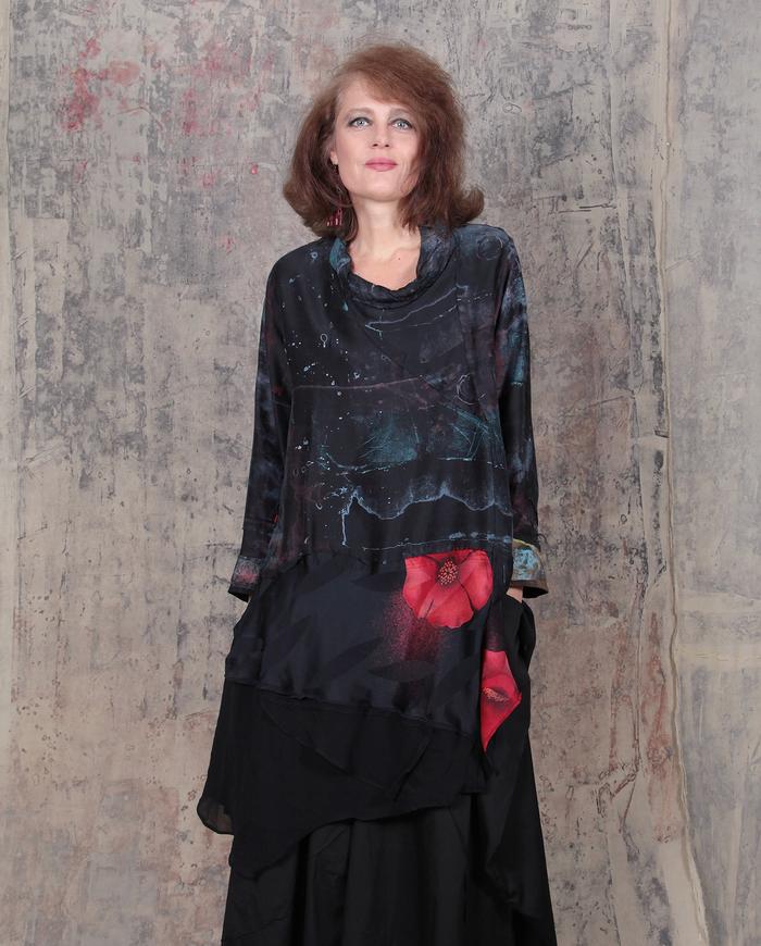 abstract poppy on black silk tunic or dress